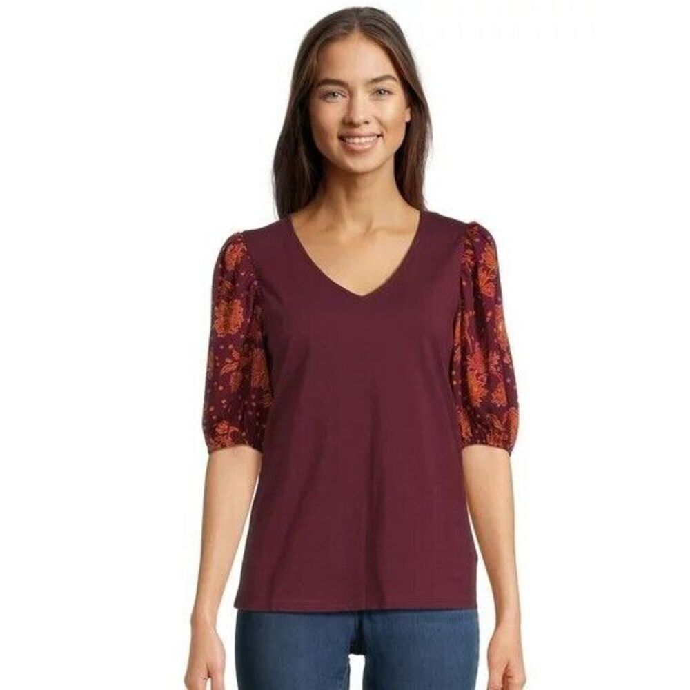 Pioneer Woman Plus XXL (20) Windsor‎ Wine Top Floral V Neck Balloon Sleeves